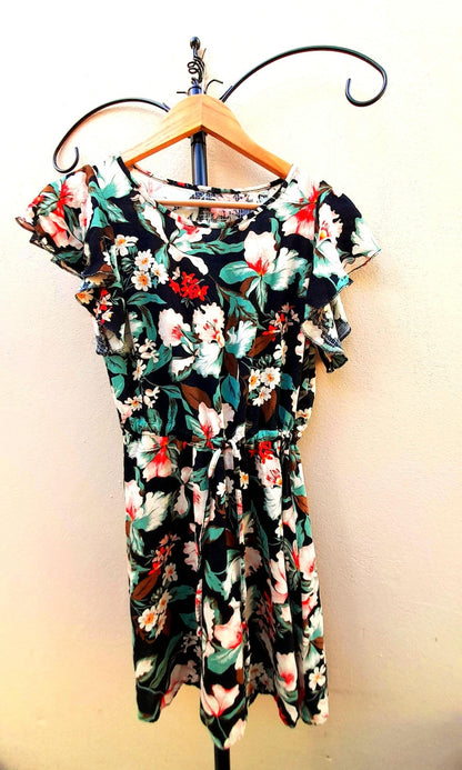 Vintage 80s Black Tropical Flower Viscose Drawstring Dress