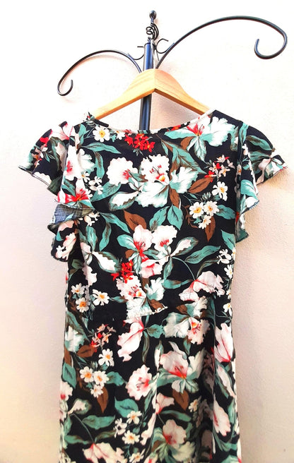Vintage 80s Black Tropical Flower Viscose Drawstring Dress