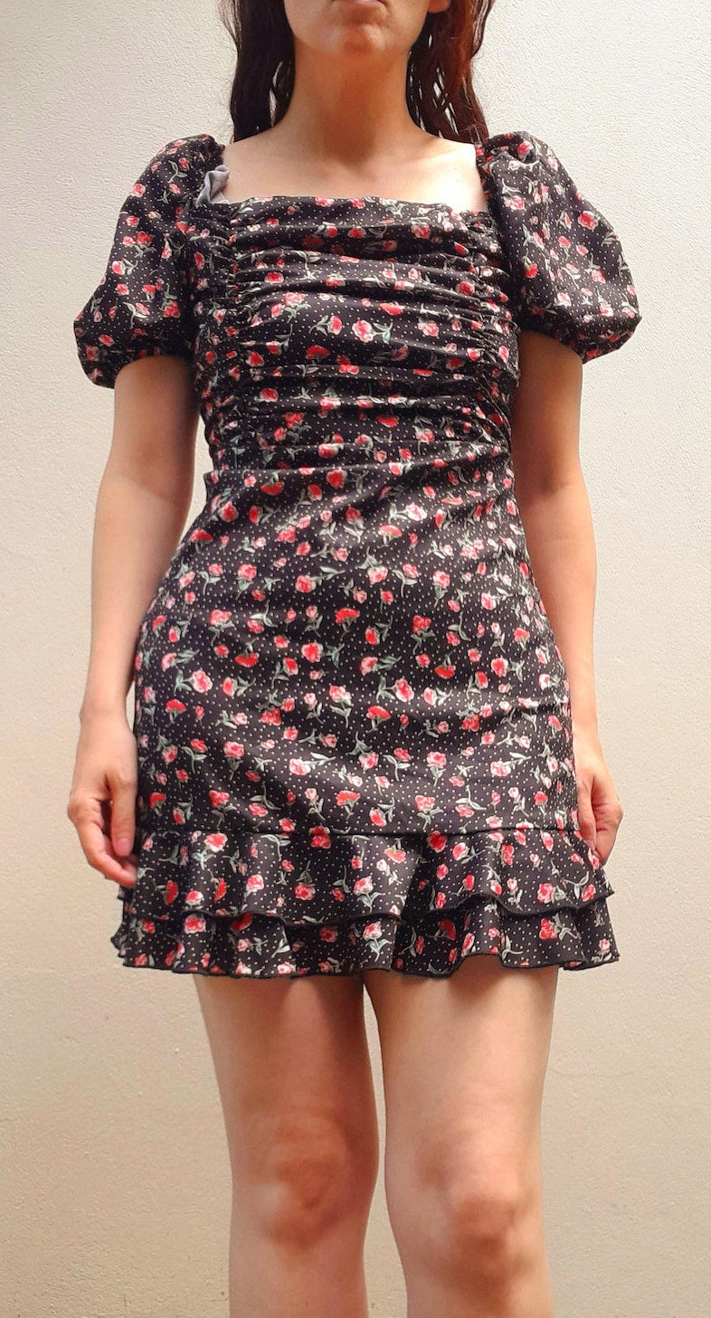 Vintage 80s Satin Rose Polka Dot Print Frill Mini Dress