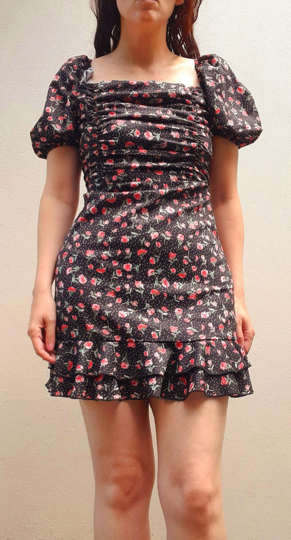 Vintage 80s Satin Rose Polka Dot Print Frill Mini Dress