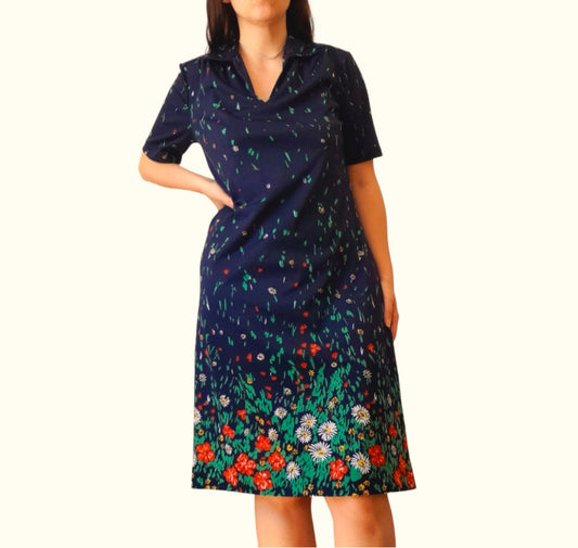 Navy Jersey Wildflower Print Vintage 1970s Short Dress