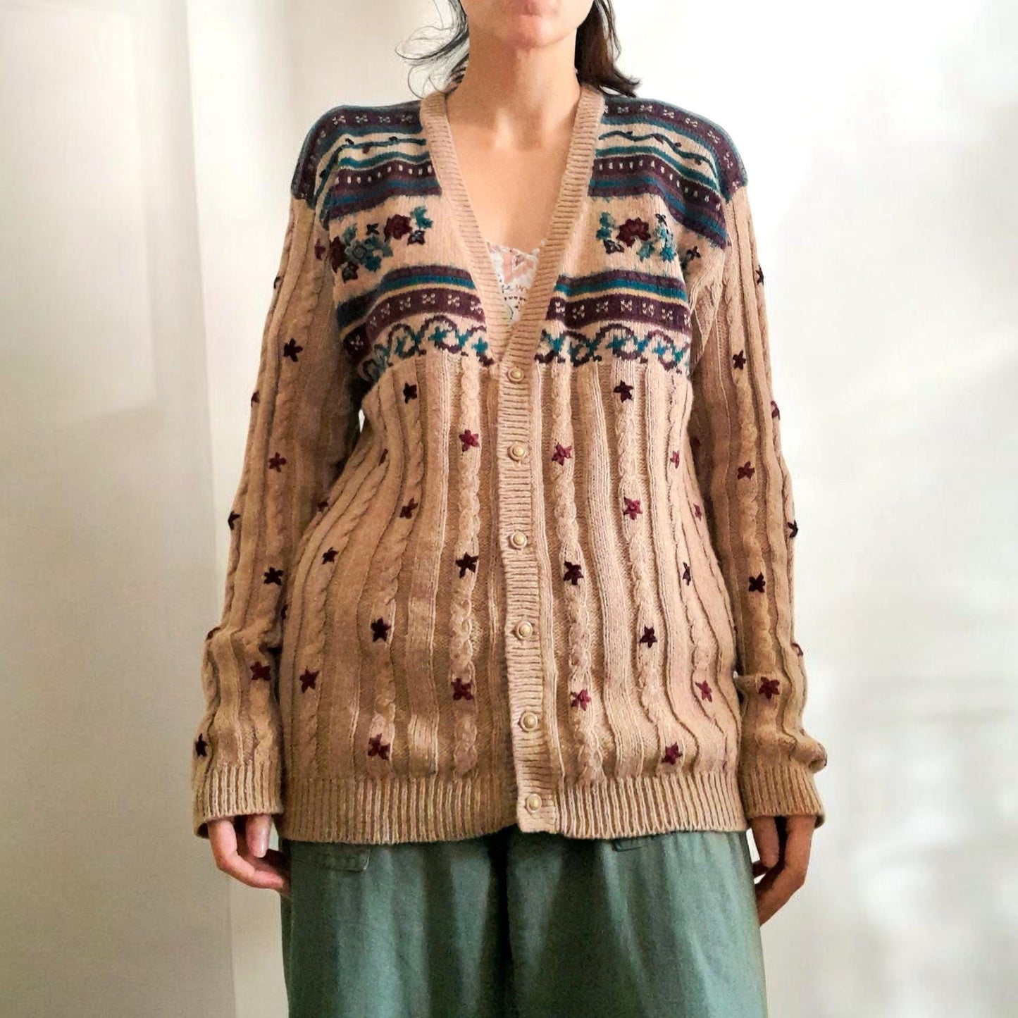 Vintage Hand Embroidered Leaf Flower Cable Rib Knit Button Cardigan