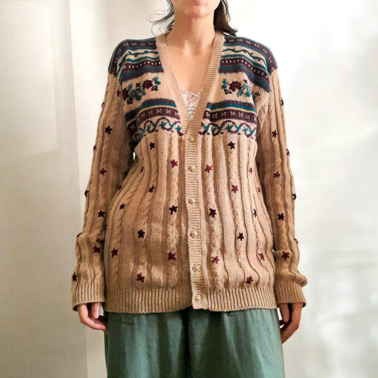 Vintage Hand Embroidered Leaf Flower Cable Rib Knit Button Cardigan