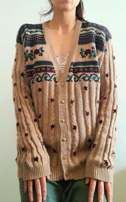Vintage Hand Embroidered Leaf Flower Cable Rib Knit Button Cardigan