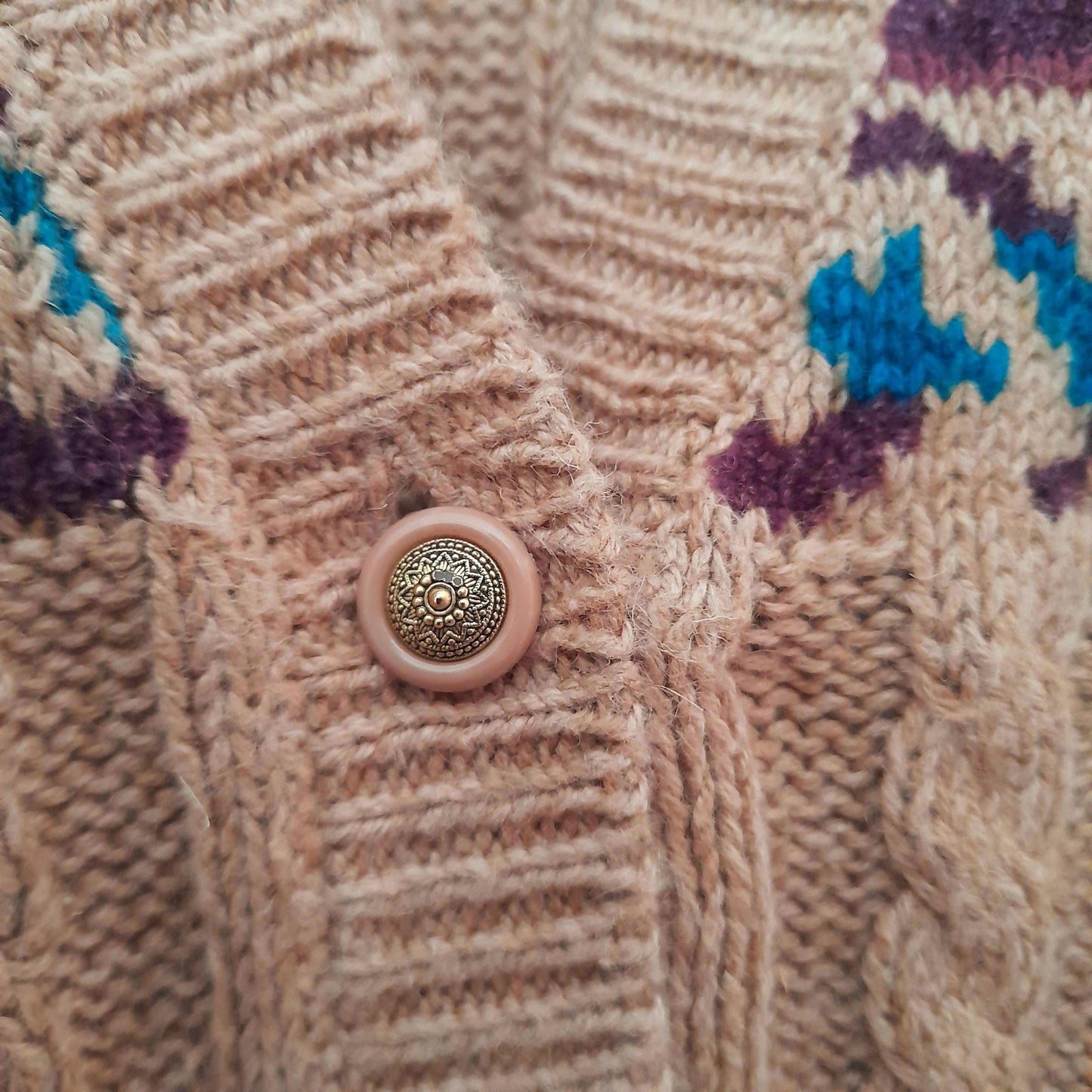 Vintage Hand Embroidered Leaf Flower Cable Rib Knit Button Cardigan