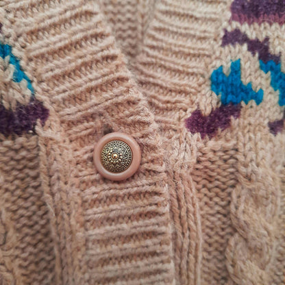 Vintage Hand Embroidered Leaf Flower Cable Rib Knit Button Cardigan