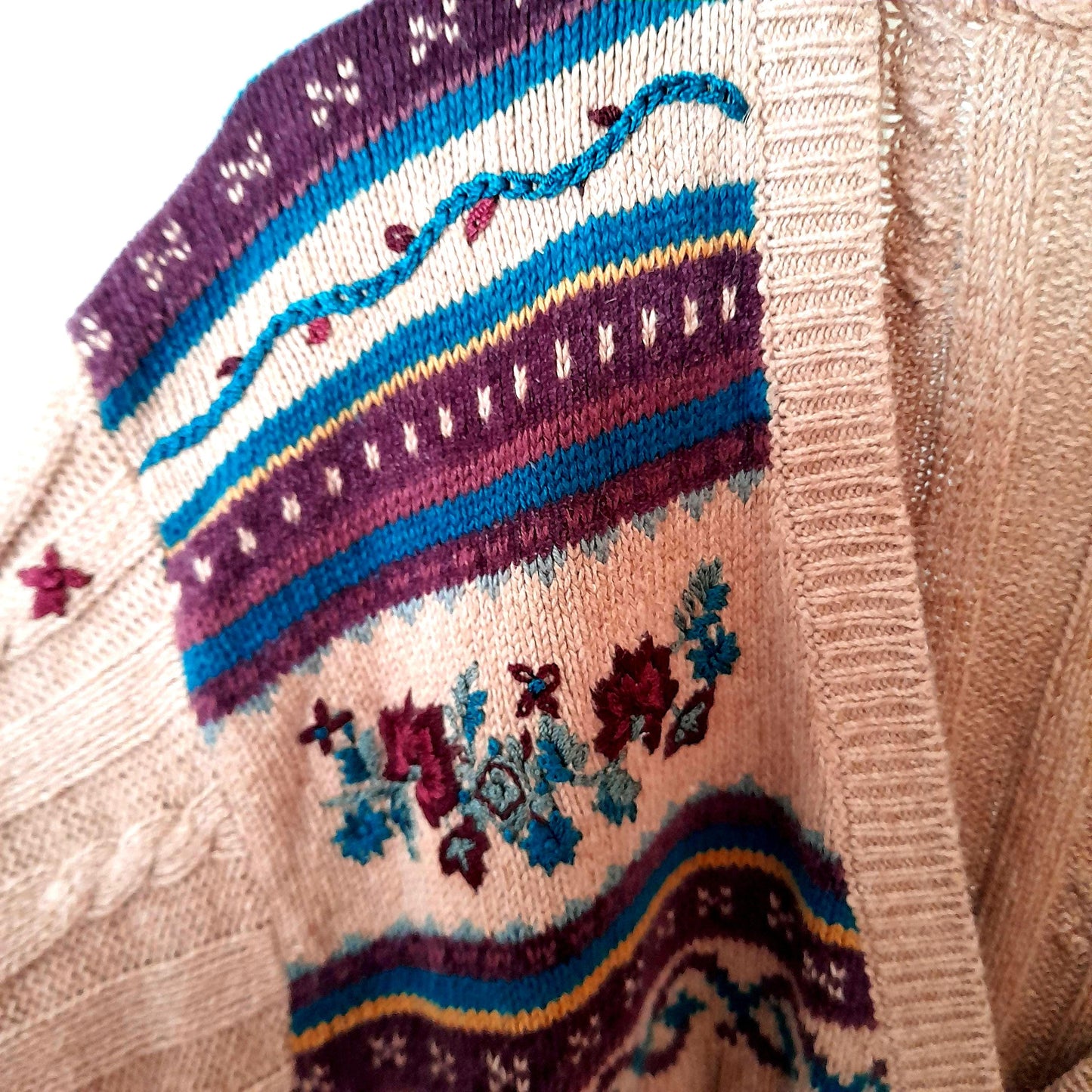 Vintage Hand Embroidered Leaf Flower Cable Rib Knit Button Cardigan