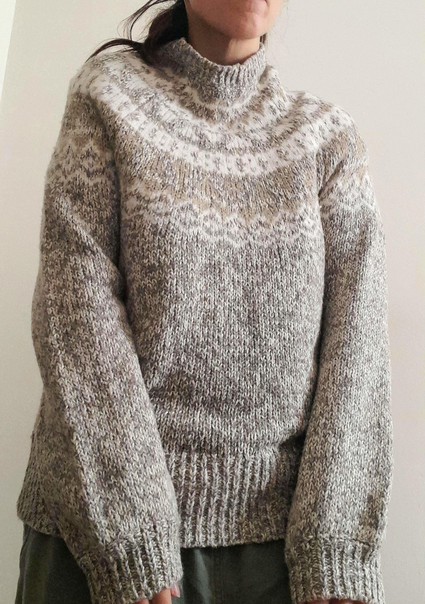 Vintage LOFT Oatmeal White Cream Grey Gold Flecked Fairisle High Collar Knitted Jumper