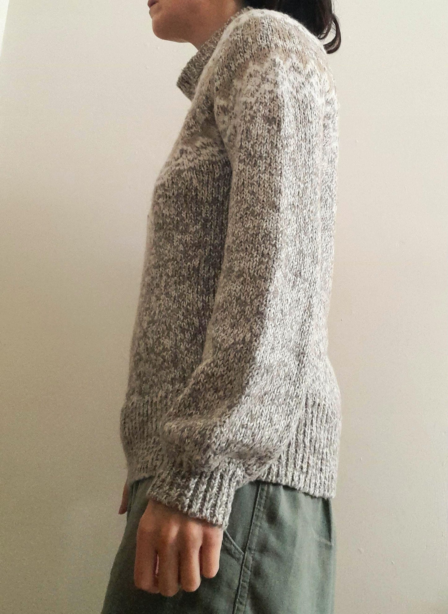 Vintage LOFT Oatmeal White Cream Grey Gold Flecked Fairisle High Collar Knitted Jumper