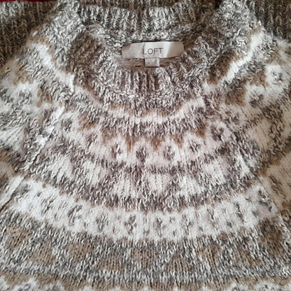 Vintage LOFT Oatmeal White Cream Grey Gold Flecked Fairisle High Collar Knitted Jumper