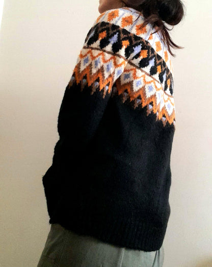 Black Orange Blue Vintage Fairisle Chunky Knitted Sweater