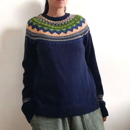 Navy Orange Green Fairisle Vintage Cotton Knitted Jumper