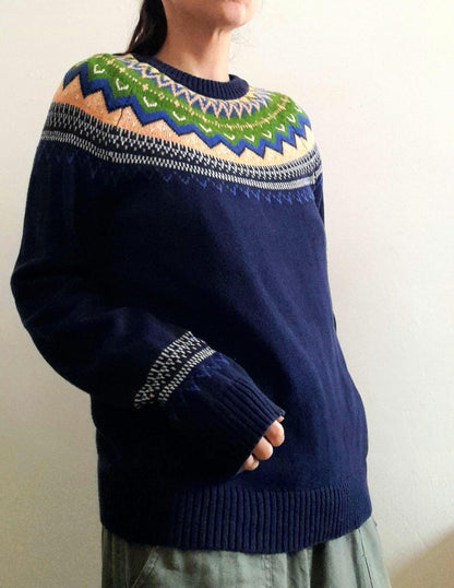 Navy Orange Green Fairisle Vintage Cotton Knitted Jumper