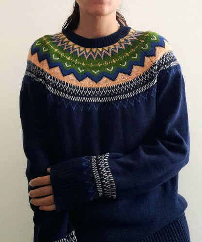 Navy Orange Green Fairisle Vintage Cotton Knitted Jumper