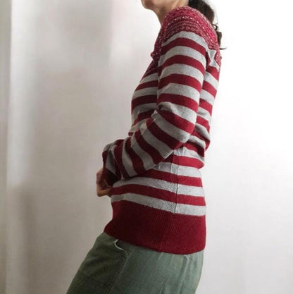 Vintage Grey Dark Red Pink Stripe Icelandic Fine Knit Long Sleeve Top