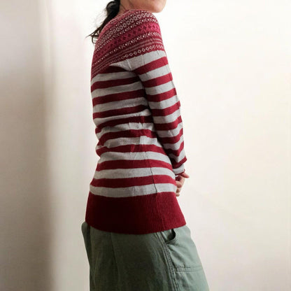 Vintage Grey Dark Red Pink Stripe Icelandic Fine Knit Long Sleeve Top