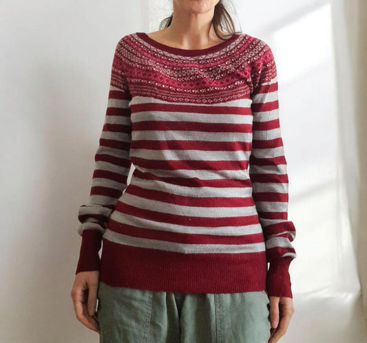 Vintage Grey Dark Red Pink Stripe Icelandic Fine Knit Long Sleeve Top