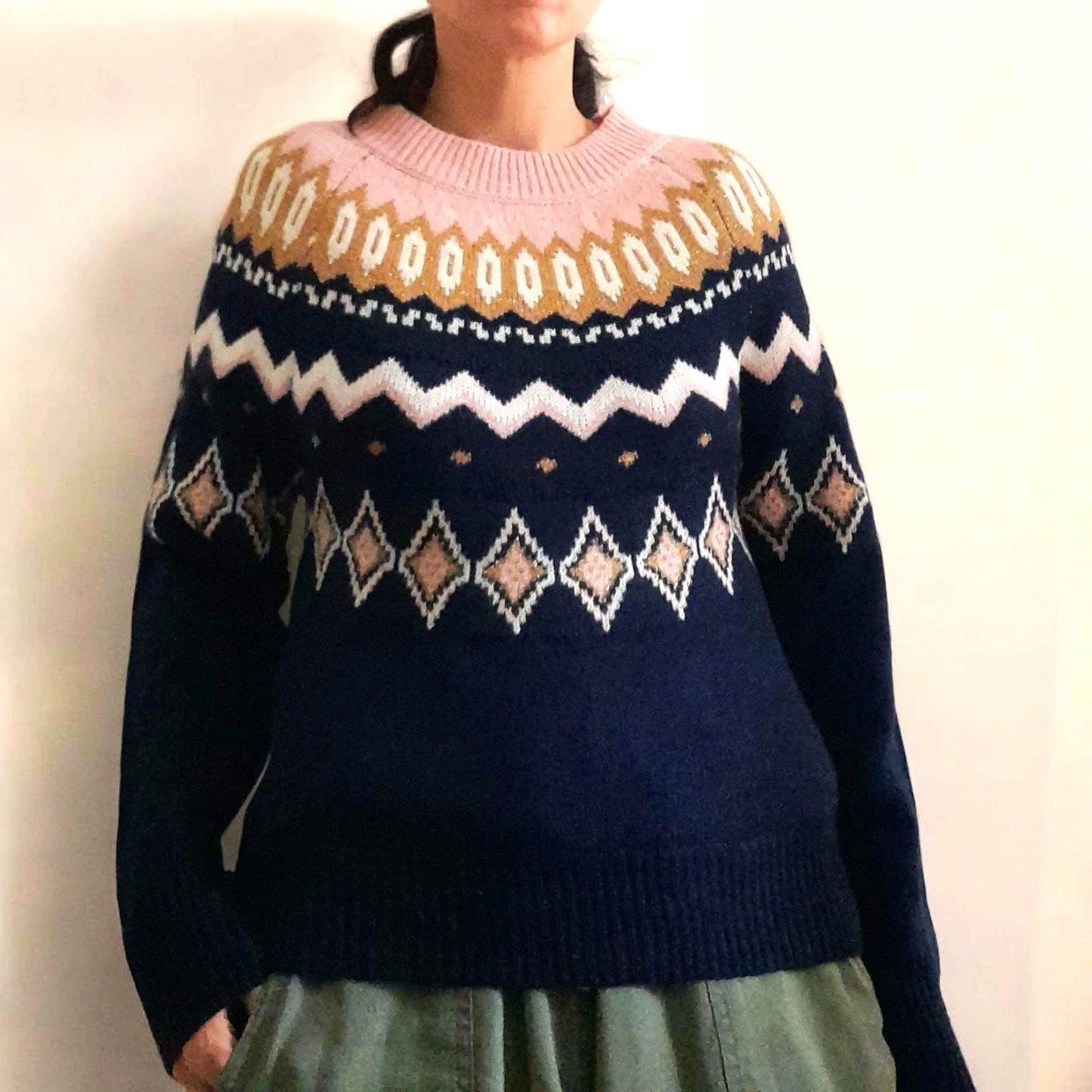 Vintage Y2K Crown & Ivy Navy Pink Gold Sparkly Fairisle Geometric Knit Jumper