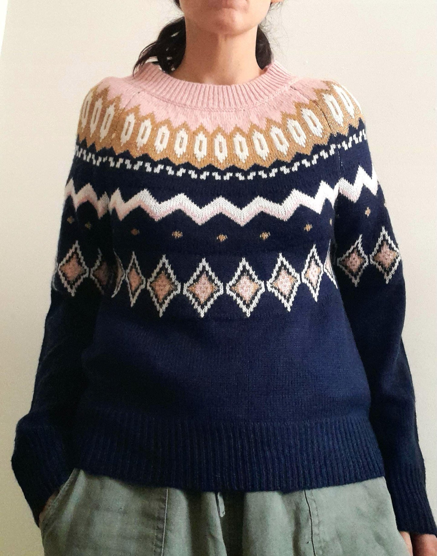 Vintage Y2K Crown & Ivy Navy Pink Gold Sparkly Fairisle Geometric Knit Jumper