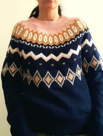 Vintage Y2K Crown & Ivy Navy Pink Gold Sparkly Fairisle Geometric Knit Jumper