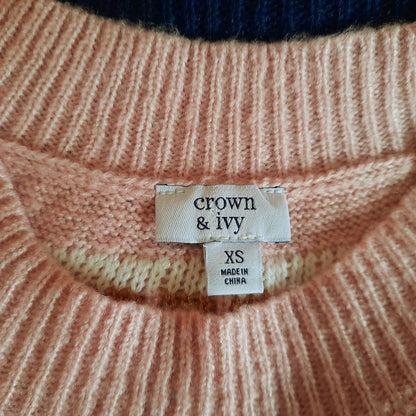 Vintage Y2K Crown & Ivy Navy Pink Gold Sparkly Fairisle Geometric Knit Jumper