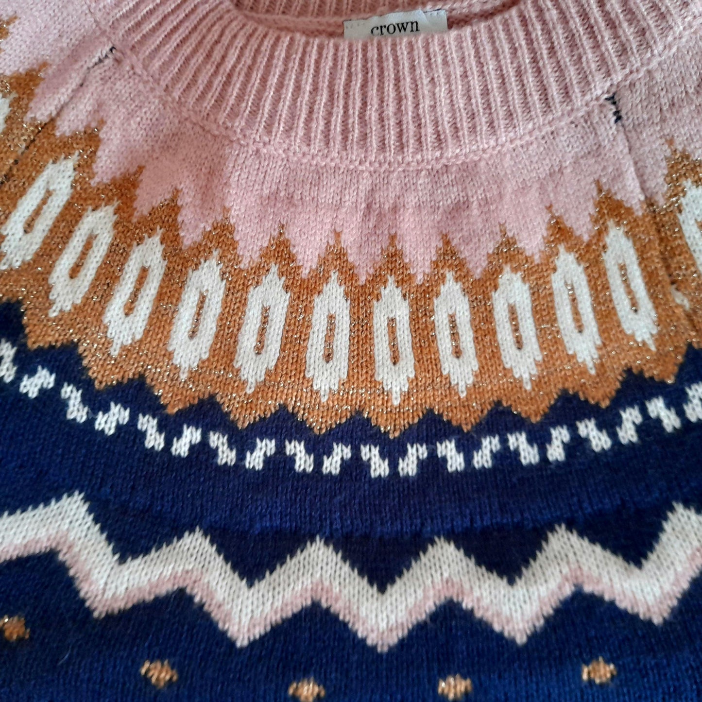 Vintage Y2K Crown & Ivy Navy Pink Gold Sparkly Fairisle Geometric Knit Jumper