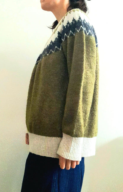 Vintage VERO MODA Olive Green Cream Grey Fairisle Knit Jumper