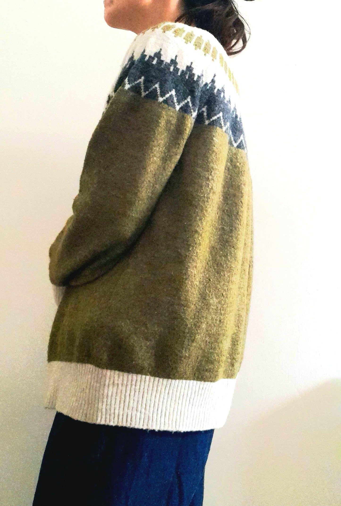Vintage VERO MODA Olive Green Cream Grey Fairisle Knit Jumper