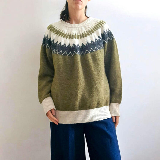 Vintage VERO MODA Olive Green Cream Grey Fairisle Knit Jumper