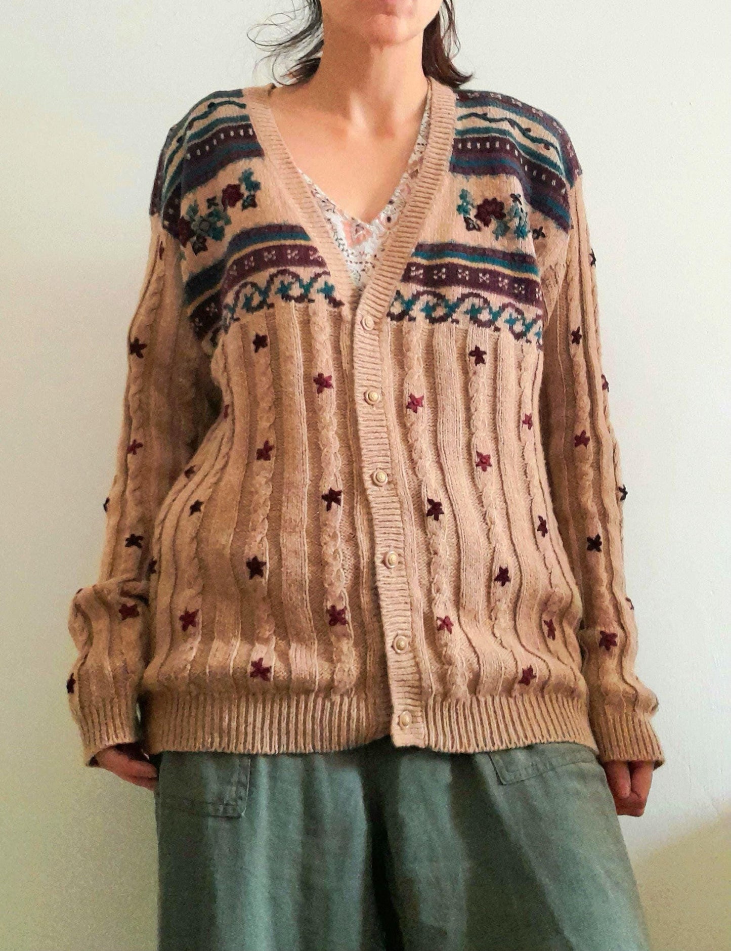 Vintage Hand Embroidered Leaf Flower Cable Rib Knit Button Cardigan