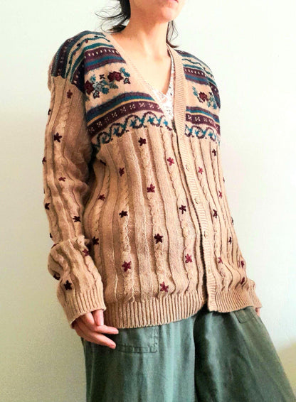 Vintage Hand Embroidered Leaf Flower Cable Rib Knit Button Cardigan