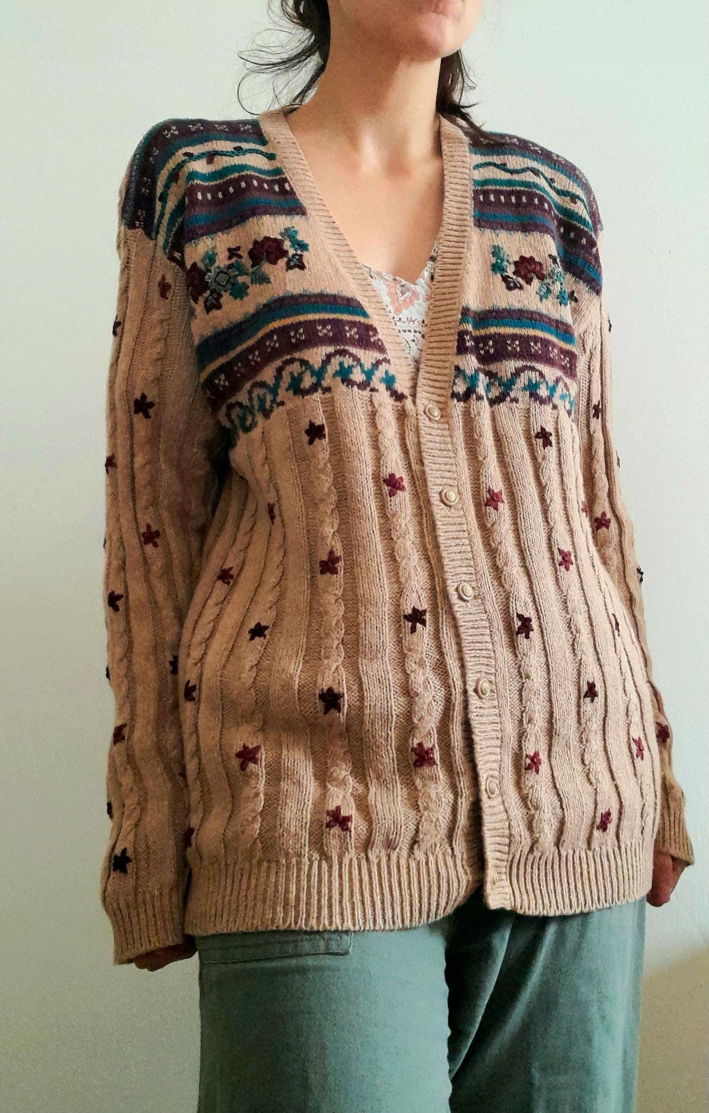 Vintage Hand Embroidered Leaf Flower Cable Rib Knit Button Cardigan