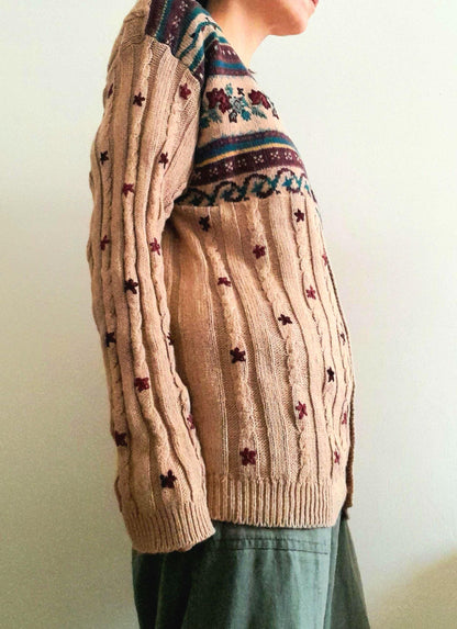 Vintage Hand Embroidered Leaf Flower Cable Rib Knit Button Cardigan