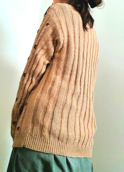 Vintage Hand Embroidered Leaf Flower Cable Rib Knit Button Cardigan