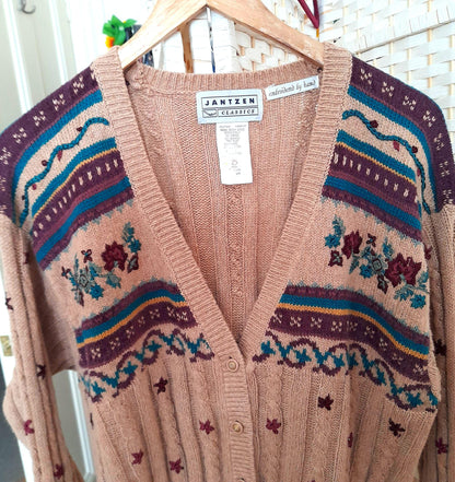 Vintage Hand Embroidered Leaf Flower Cable Rib Knit Button Cardigan