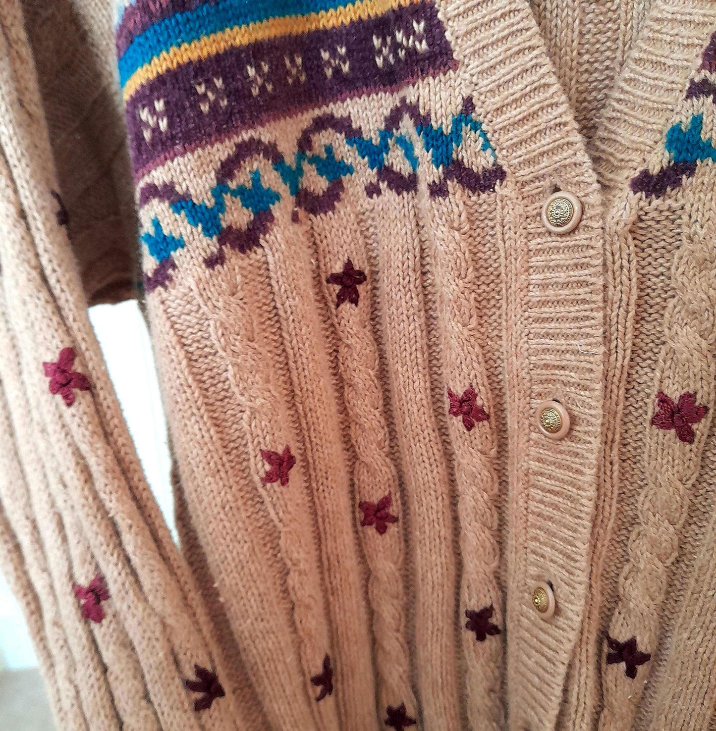 Vintage Hand Embroidered Leaf Flower Cable Rib Knit Button Cardigan