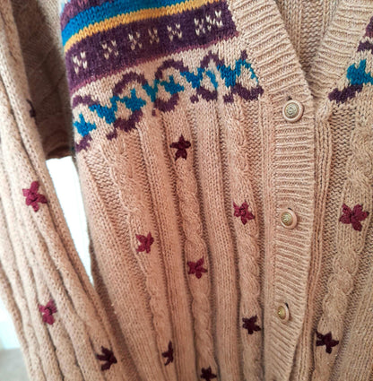 Vintage Hand Embroidered Leaf Flower Cable Rib Knit Button Cardigan