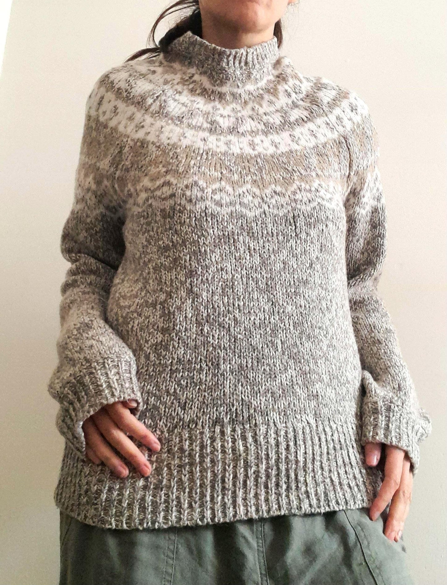 Vintage LOFT Oatmeal White Cream Grey Gold Flecked Fairisle High Collar Knitted Jumper