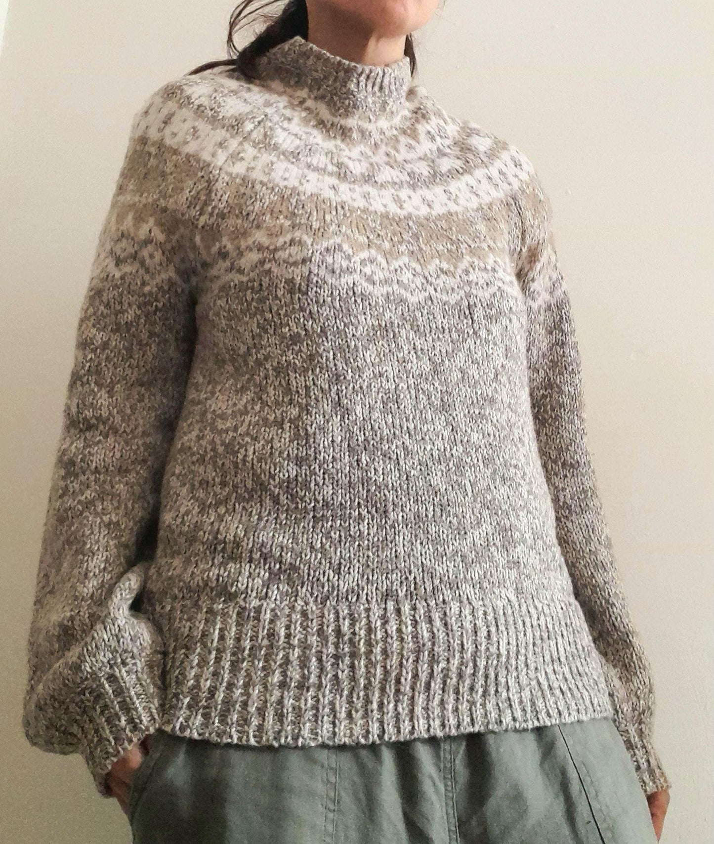 Vintage LOFT Oatmeal White Cream Grey Gold Flecked Fairisle High Collar Knitted Jumper