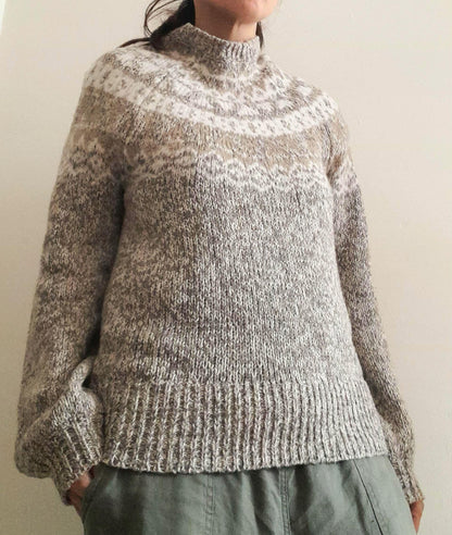 Vintage LOFT Oatmeal White Cream Grey Gold Flecked Fairisle High Collar Knitted Jumper