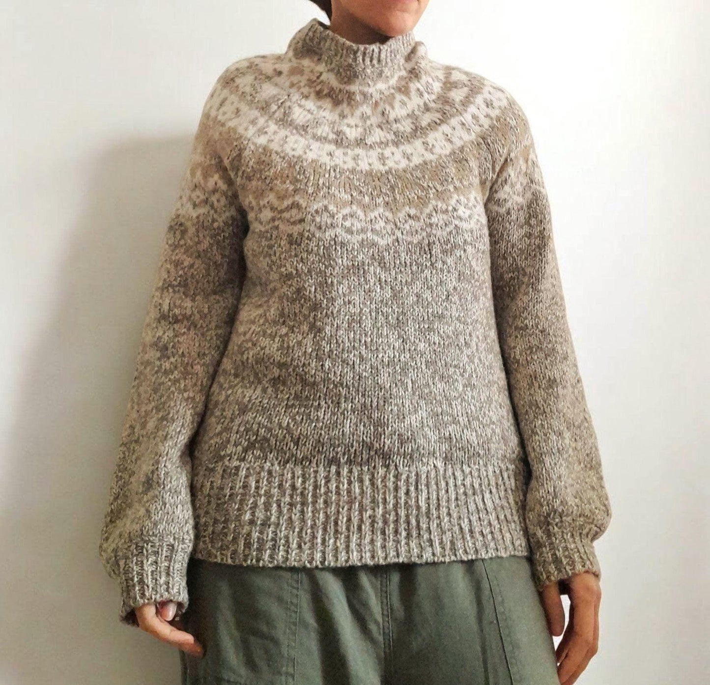 Vintage LOFT Oatmeal White Cream Grey Gold Flecked Fairisle High Collar Knitted Jumper