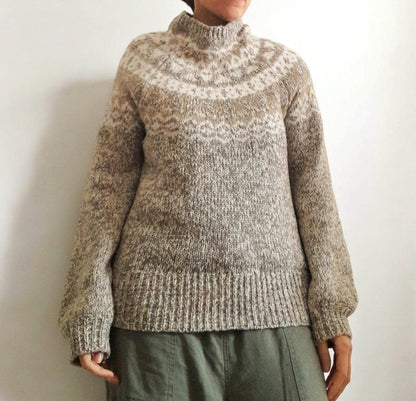 Vintage LOFT Oatmeal White Cream Grey Gold Flecked Fairisle High Collar Knitted Jumper