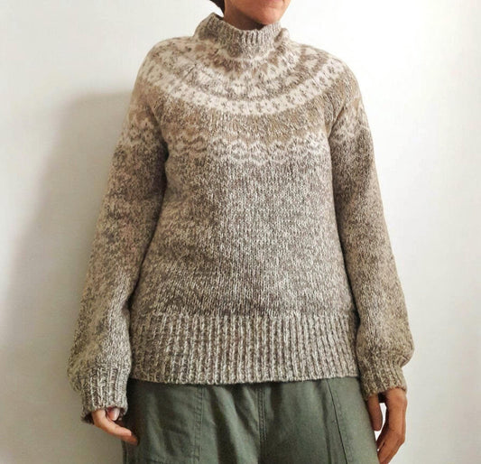 Vintage LOFT Oatmeal White Cream Grey Gold Flecked Fairisle High Collar Knitted Jumper