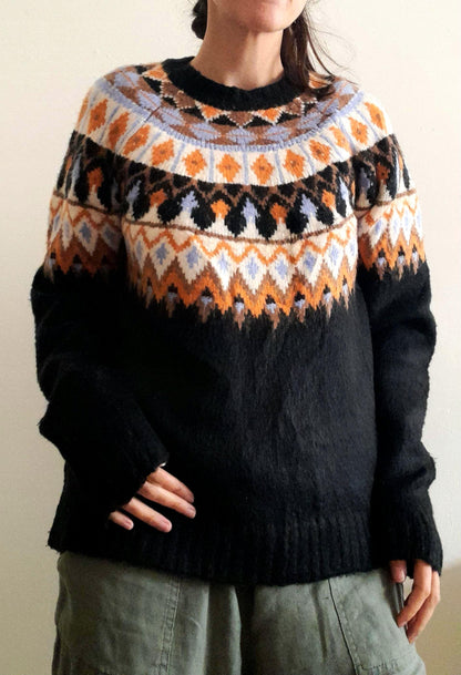 Black Orange Blue Vintage Fairisle Chunky Knitted Sweater
