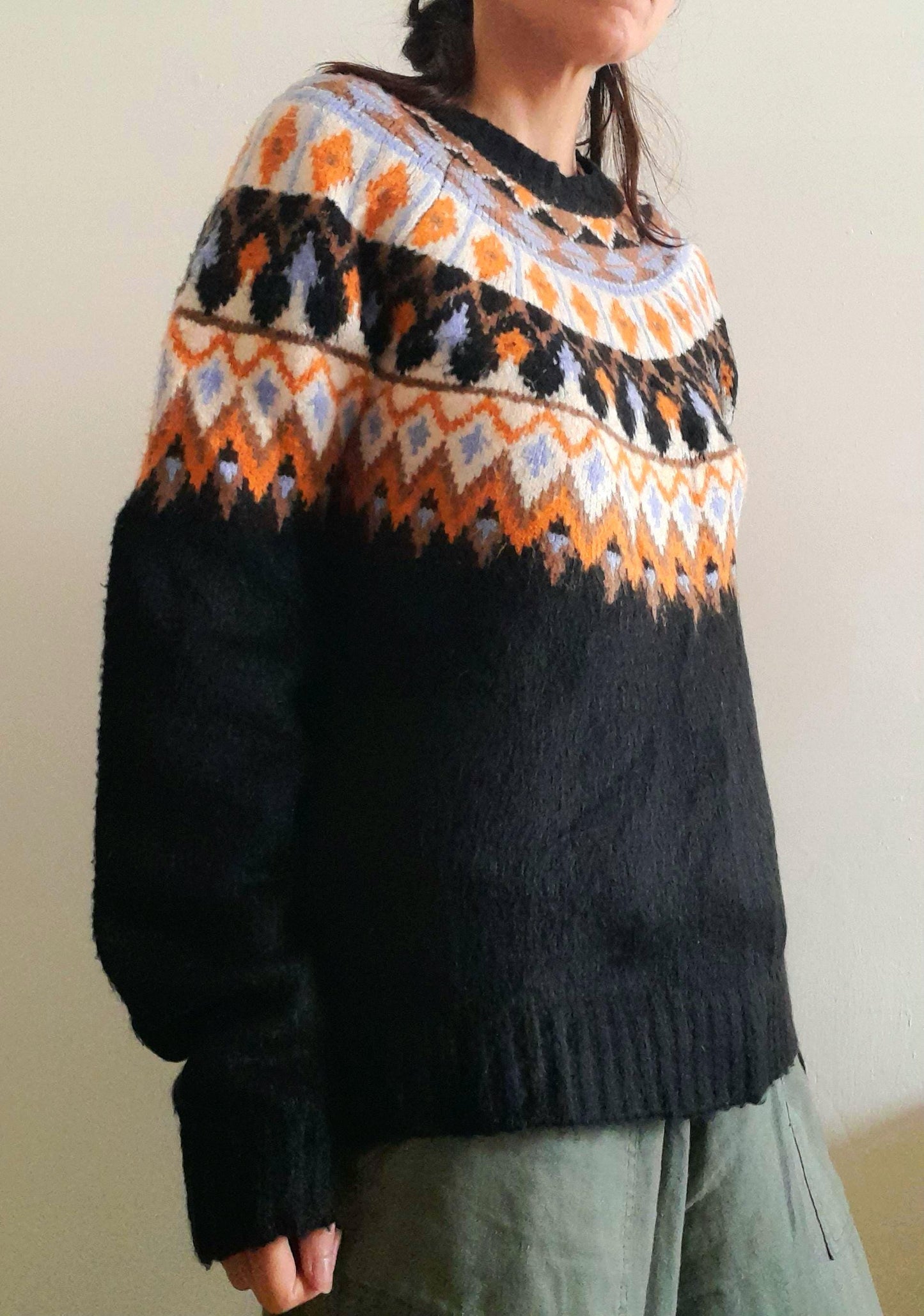 Black Orange Blue Vintage Fairisle Chunky Knitted Sweater
