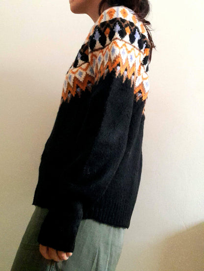 Black Orange Blue Vintage Fairisle Chunky Knitted Sweater
