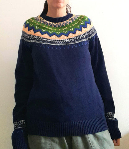 Navy Orange Green Fairisle Vintage Cotton Knitted Jumper