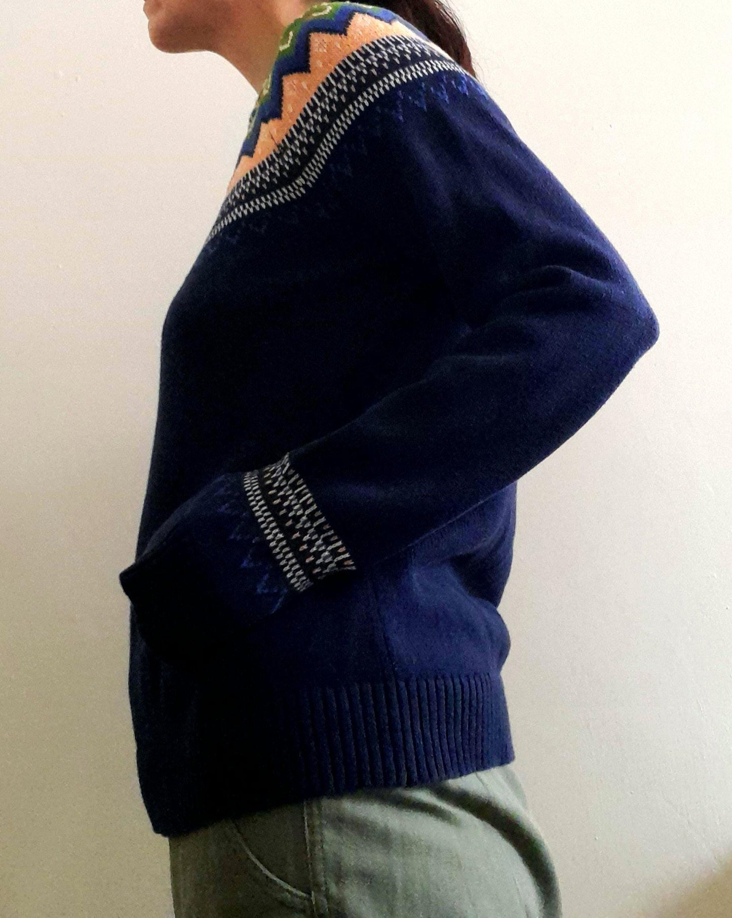 Navy Orange Green Fairisle Vintage Cotton Knitted Jumper