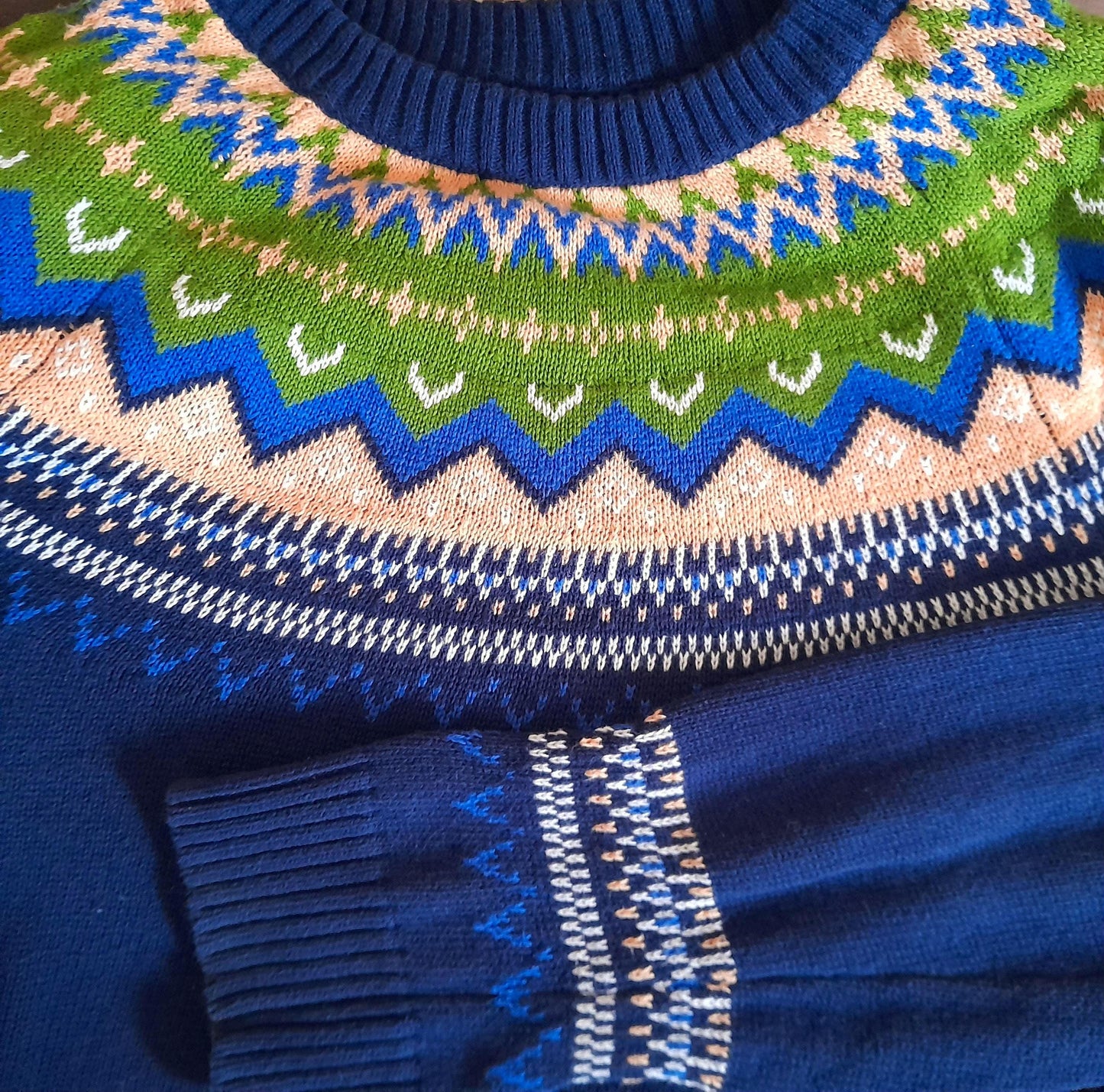 Navy Orange Green Fairisle Vintage Cotton Knitted Jumper