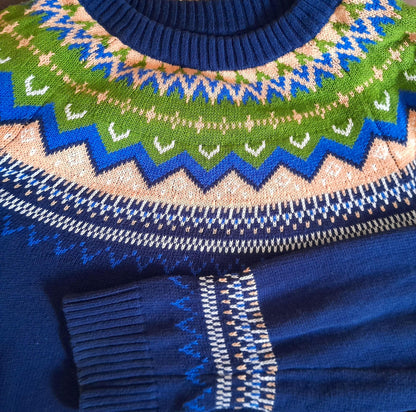 Navy Orange Green Fairisle Vintage Cotton Knitted Jumper